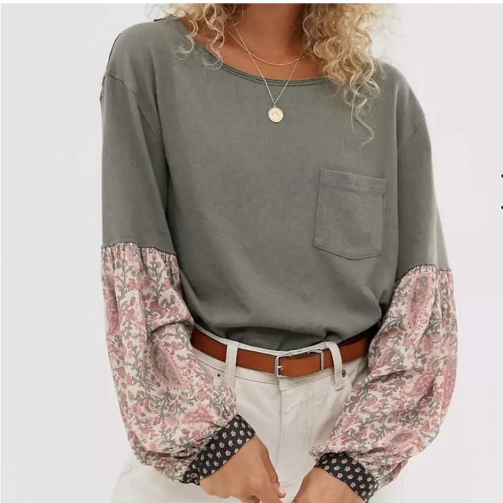 Free People Olive and Pink Floral Sleeve Top